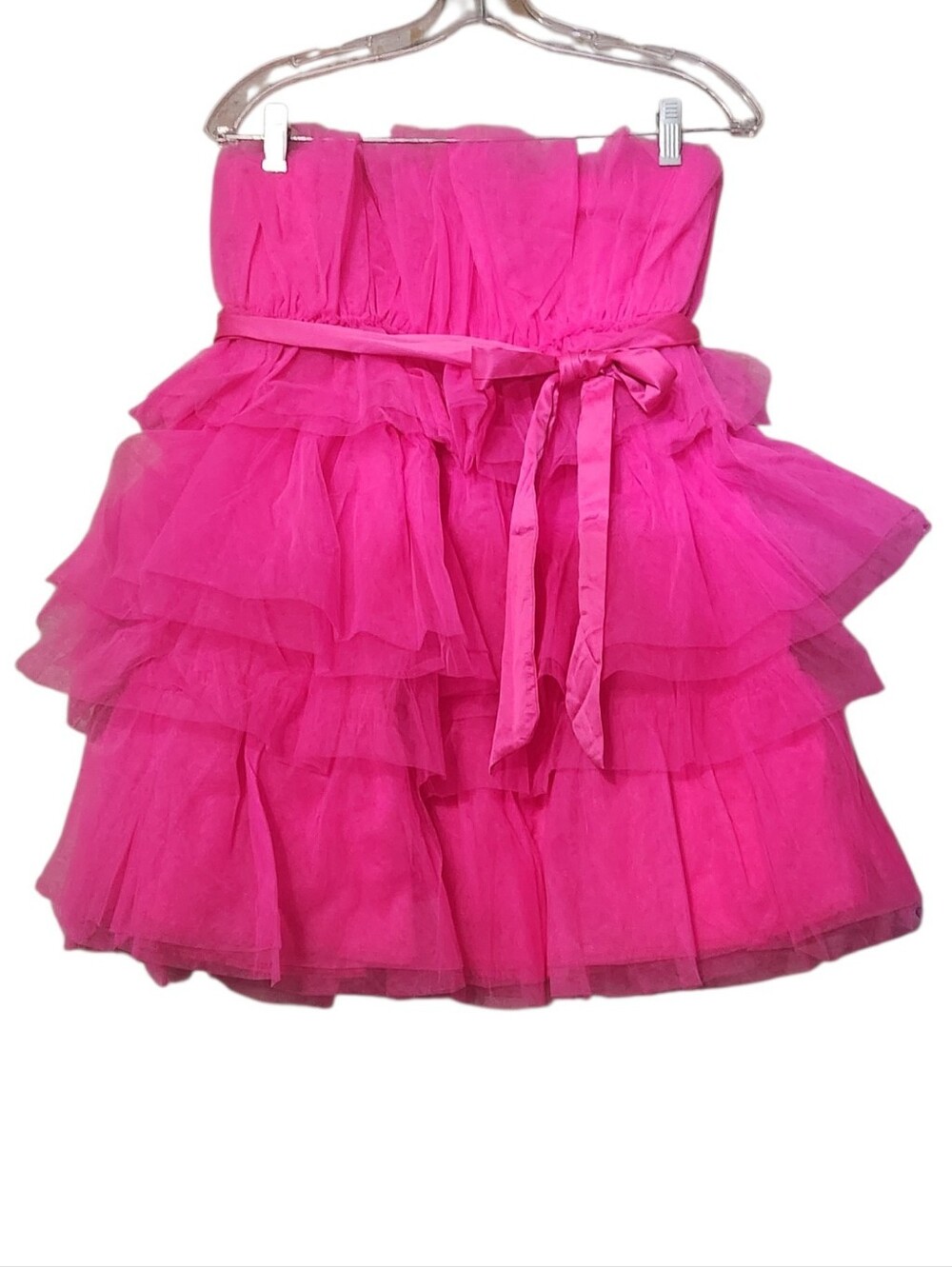 vibrant Evolutionary hot pink strapless tulle tiered ruffle mini dress